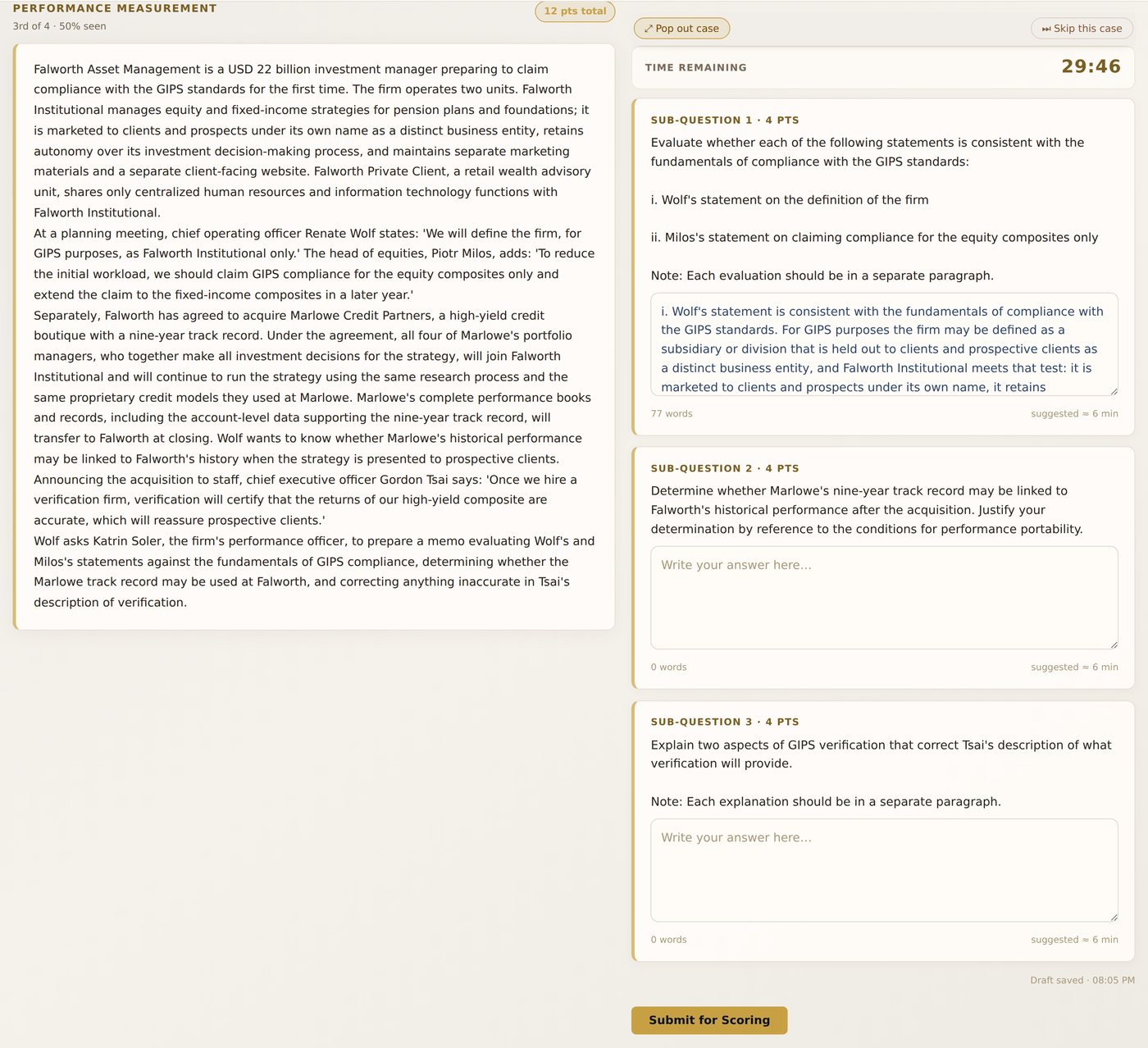 Level III essay session with the GIPS case docked beside the answer boxes